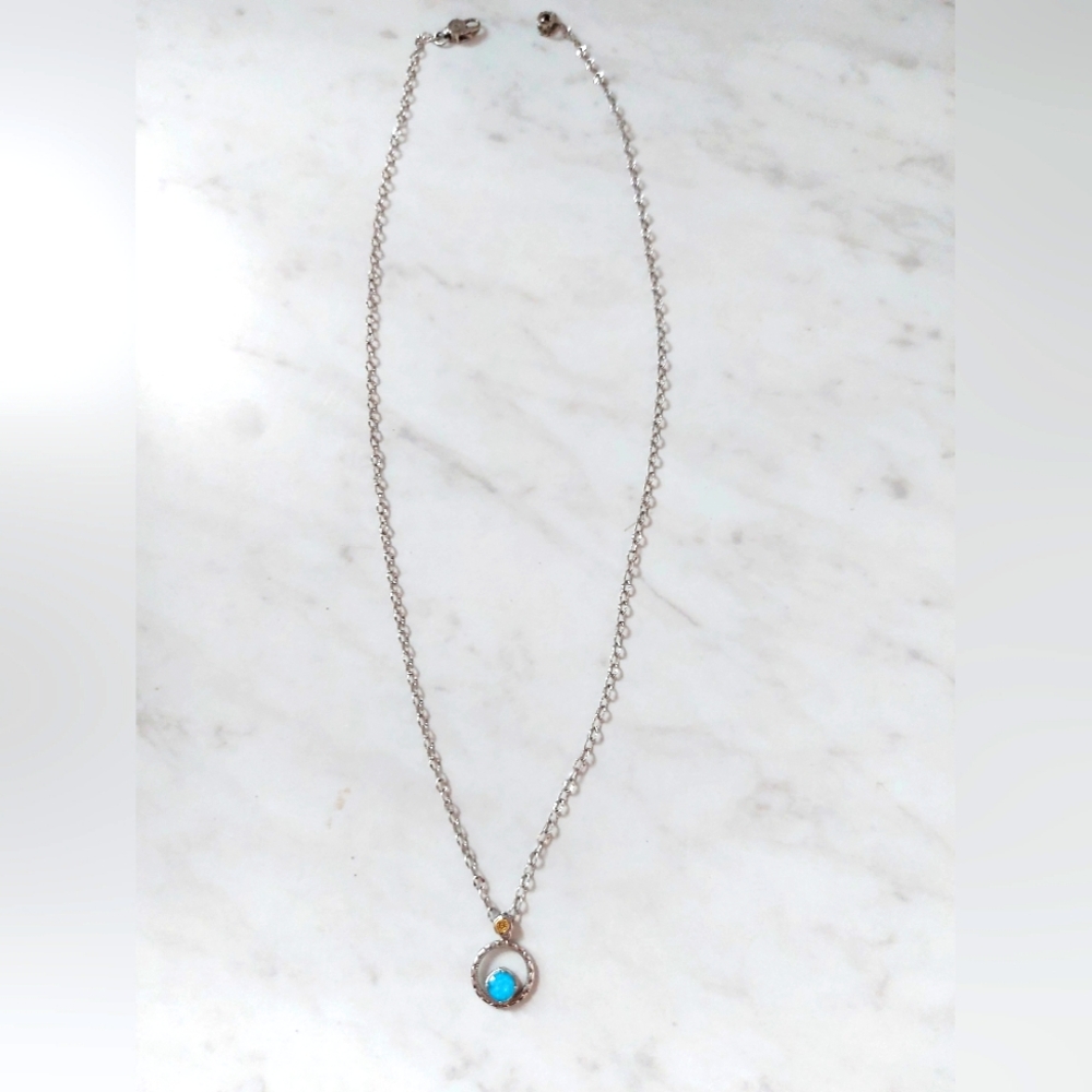 Tacori Rhodium 925 Necklace with Clear Quartz Over Turquoise Pendant
